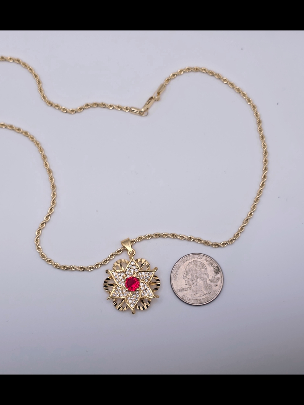 Gold Flower Pendant Necklace with Pink Center Stone - Picture 3 of 4
